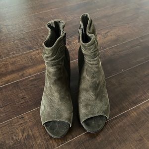 Olive suede peep toe heeled booties